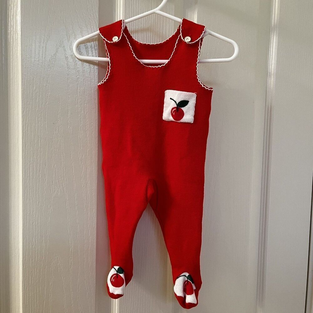 Vintage Absorba Red Cherry Sweater One Piece Footed Romper Girls Size 6 Months